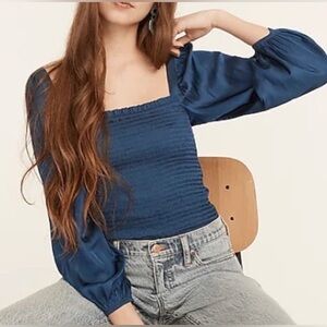 J. Crew square neck smocked featherweight satin cropped top, Sz L, NWT